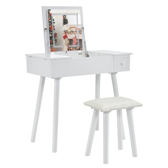 Alvantor 32.13 in Makeup Vanity Desk with Flip Top Lighted Mirror, 2 Drawers and Cushioned Stool, White