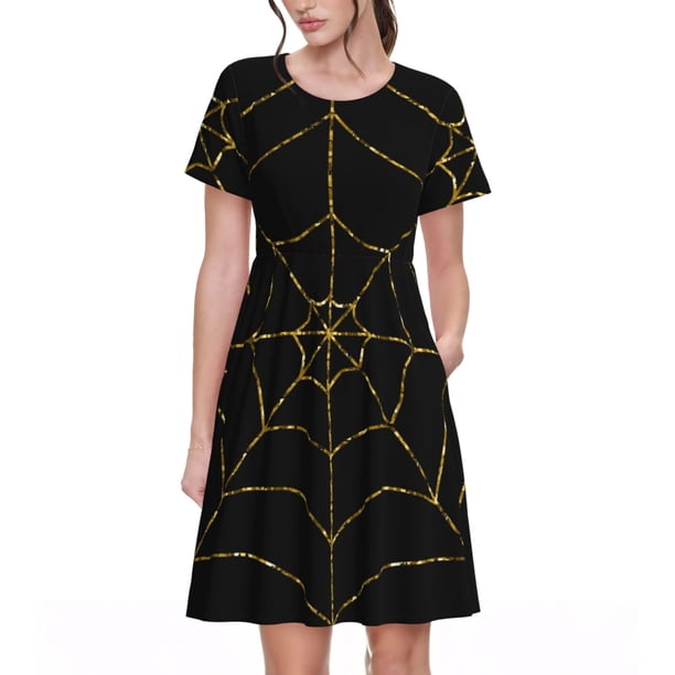 Disketp Golden Spider Web para Vestido de Manga Corta para Mujeres, Vestidos de Verano para Mujeres, Casual y Holgado para la Playa