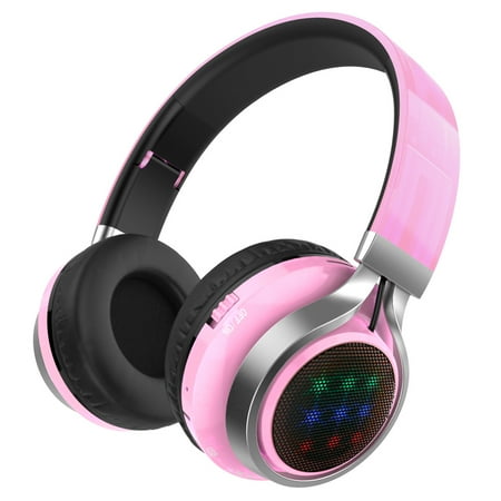 Ear Express Pod Bluetooth Headphones Over Ear, Folding Wireless Earbuds Noise Cancelling LED Stereo Headphones Adjustable Sport Headsets for Men and Women (Pink) ()