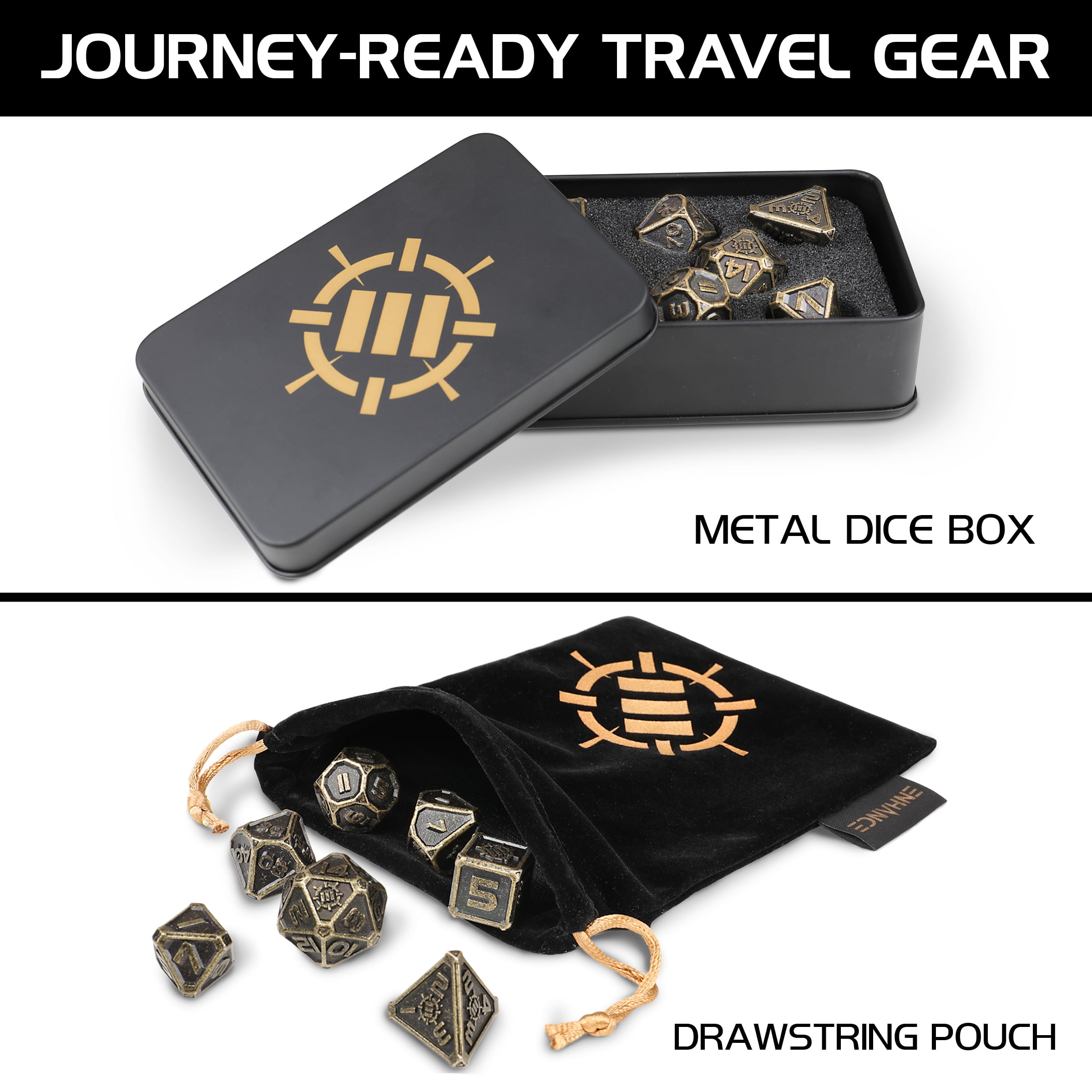 ENHANCE DnD Metal Dice Set - 7pc Solid Zinc Alloy Polyhedral DnD Dice with Storage Case and Dice Bag
