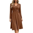 thumbnail image 3 of Fall Long Sleeve Dresses for Women Elegant V Neck Twist Front Waist Casual Midi Party Formal Wedding Guest Dress,Sizes S-2XL, 3 of 9