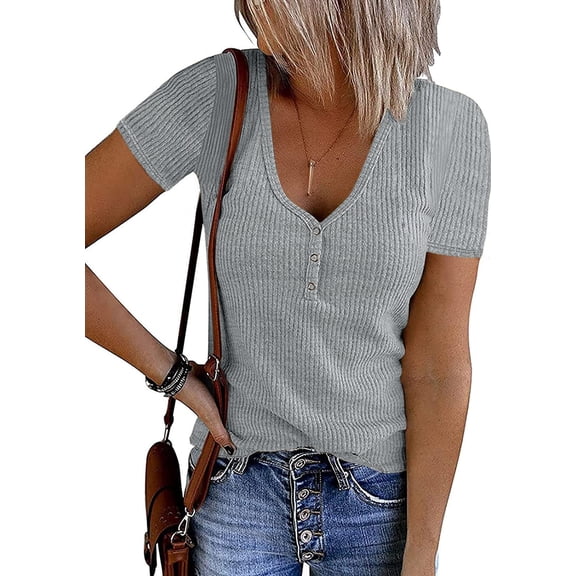 MEROKEETY Women's 2026 Summer Short Sleeve Tops Casual V Neck T Shirts Ribbed Knit Henley Button Basic Blouse, LightGrey, L