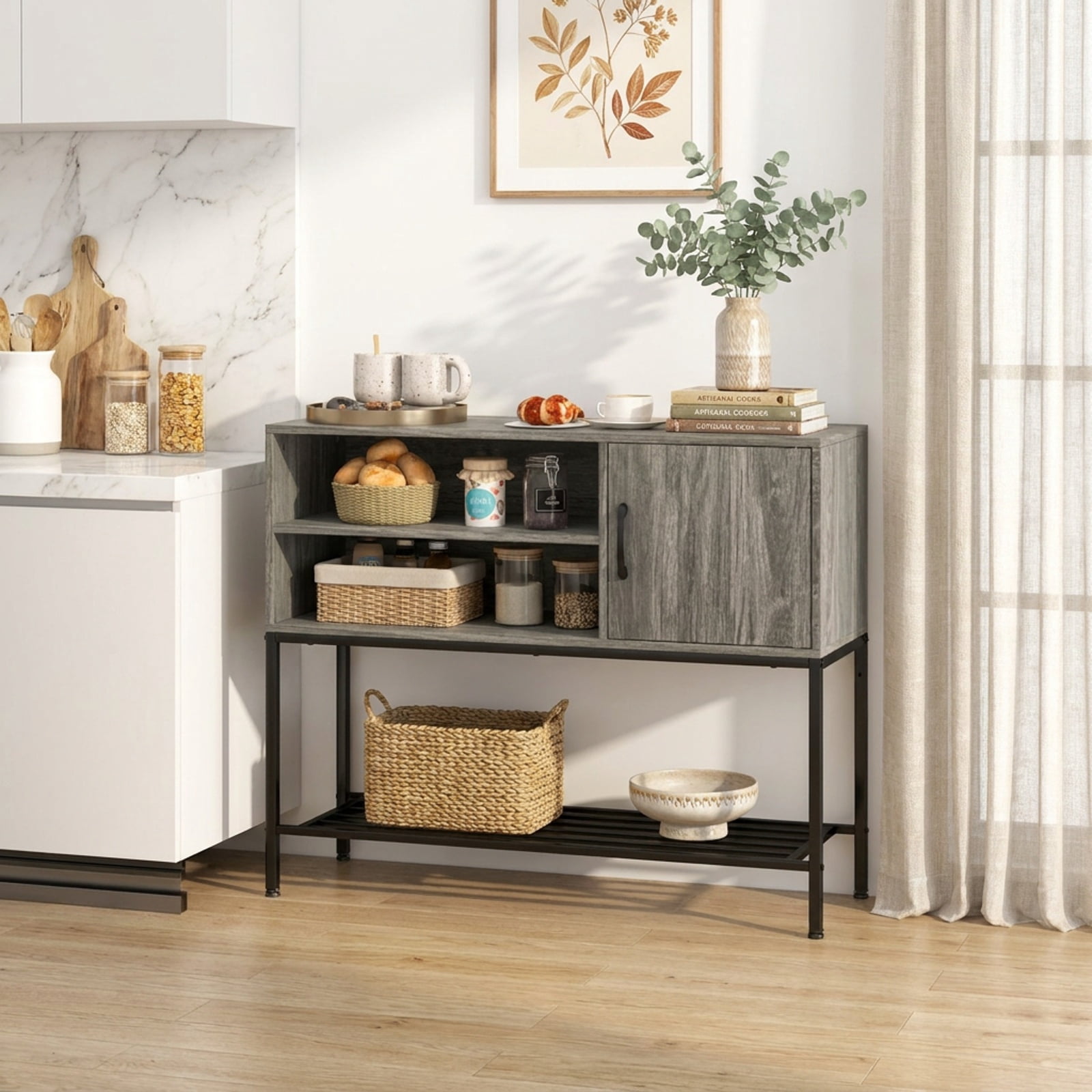 Furnibear Buffet Sideboard Coffee Bar Cabinet with Power Outlets and USB Ports for Kitchen Dining Living Room Buffet Storage Server, Gray