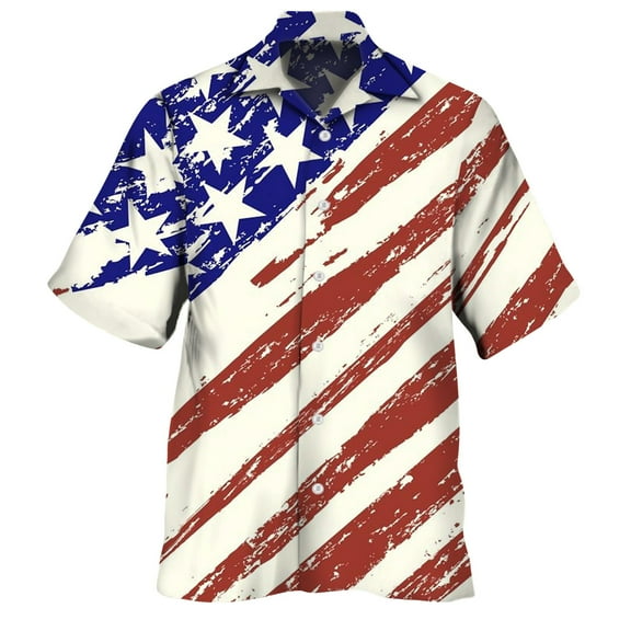 Bjutir Mens Patriotic Shirts Lapel Neck Short Sleeve Button Down Tops Usa Flag Star Stripe Print Fashion Casual Patriotic Lightweight T Shirts Summer Beach Hawaiian Mens Tees Beige L
