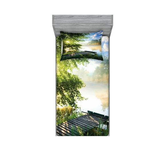 Ambesonne Nature Fitted Sheet & Pillow Sham Set, Fishing Pier by River, Twinxl, Green Blue White
