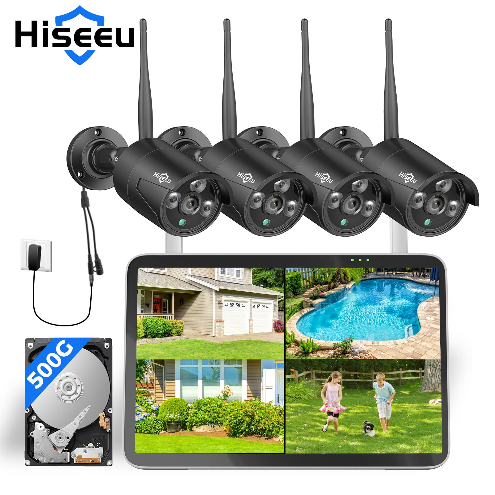 Hiseeu Security Camera System with 10'' Monitor, 500G Hard Drive, 10 Channel NVR, 4Pcs Wireless 2.4G/5G Wi-Fi with 24/7 Recording,1-way Audio,Waterproof, Night Vision, Outdoor Security Camera