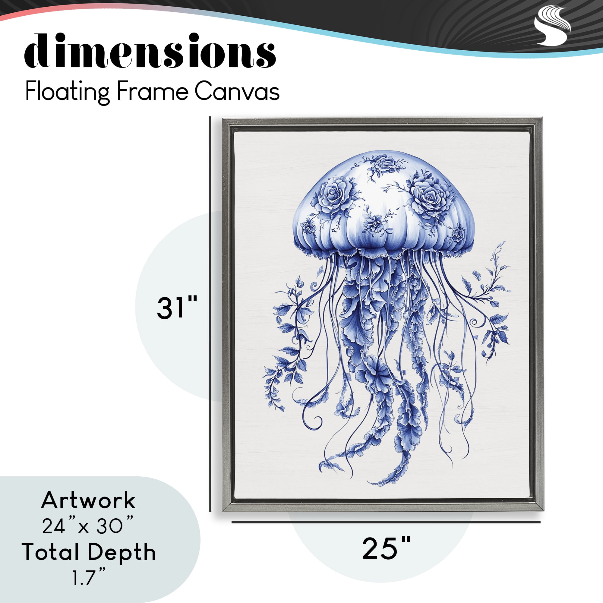 Funky Toile Jellyfish Gray Framed Floater Canvas Wall Art, design by Lettered and Lined