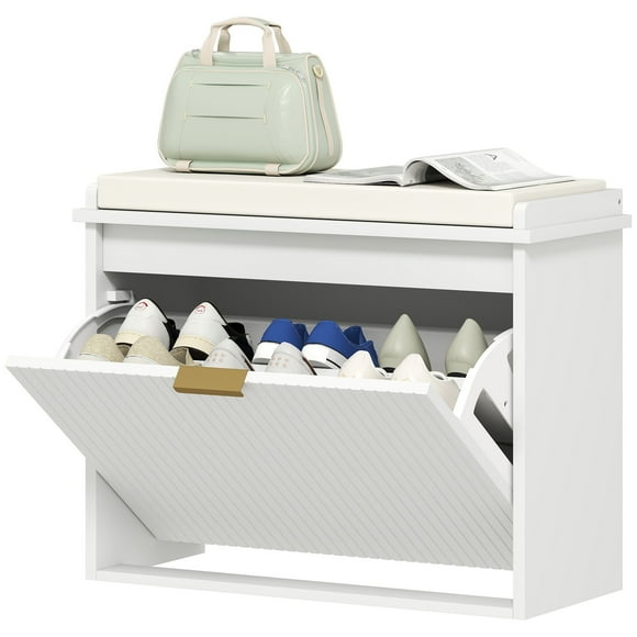 CoSoTower Entryway Bench with Padded Seat and Flip-Drawers, Holds up to 265lbs, Shoe Storage Bench for 6 Pairs of Shoes, White