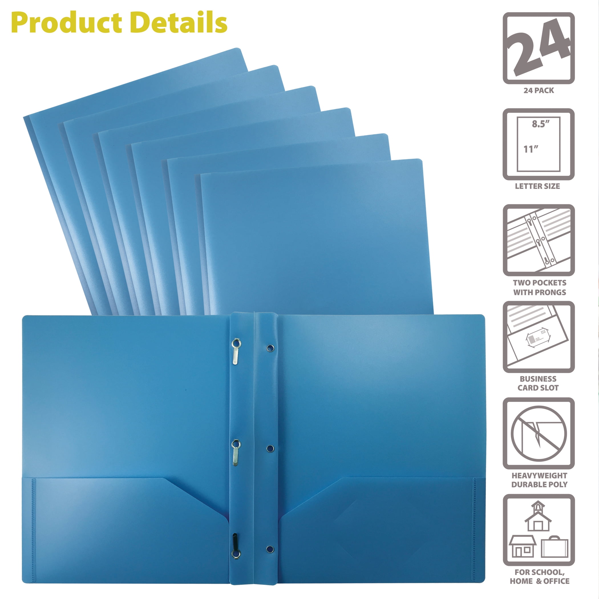 Better Office Products 24-Pack Light Blue 2-Pocket Pocket Folders with 3 Metal Prongs, 24 Count