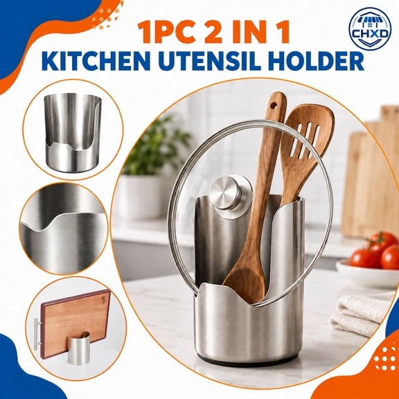 Pot Lid Holder & Kitchen Utensil Holder, 2 in 1 Stainless Steel Countertop Organizer Rack for Spoons Spatulas Tongs Space Saving Kitchen Storage Stand