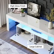 UHOMEPRO TV Stand for TV up to 80, High Gloss Entertainment Center with RGB LED Lights and Storage Shelves, White Media Console for Living Room