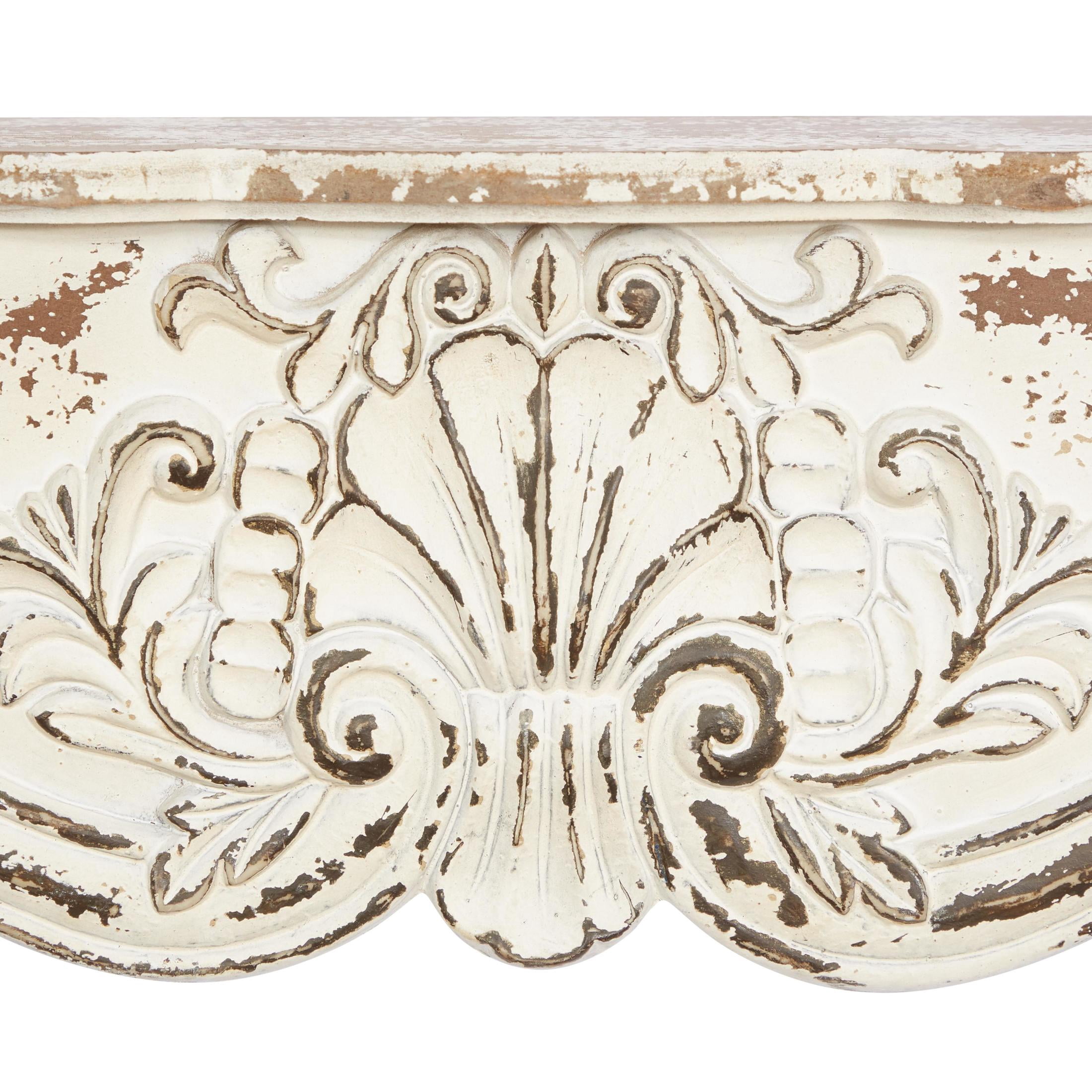 DecMode 28" x 6" Distressed 1-Tier White Scroll Wall Shelf