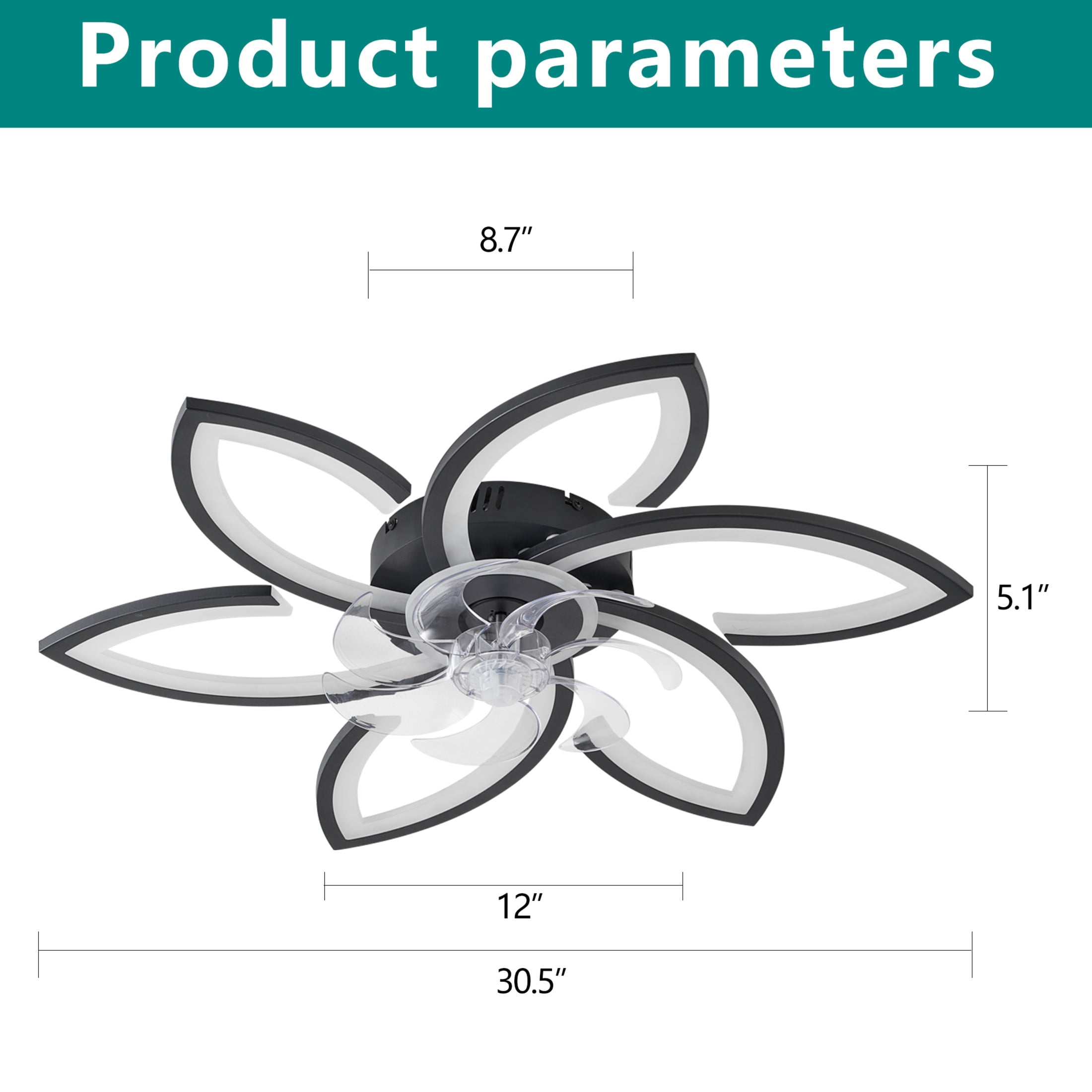 GDF Studio 6-Head Flower Ceiling Fan with LED Lights, Remote & App Control, Low Profile Fandelier for Home Decor, Black