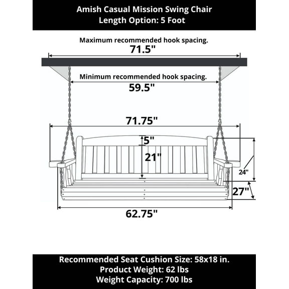 Amish Heavy Duty 800 Lb Mission Treated Porch Swing with Hanging Chains (5 Foot, Oak Stain)