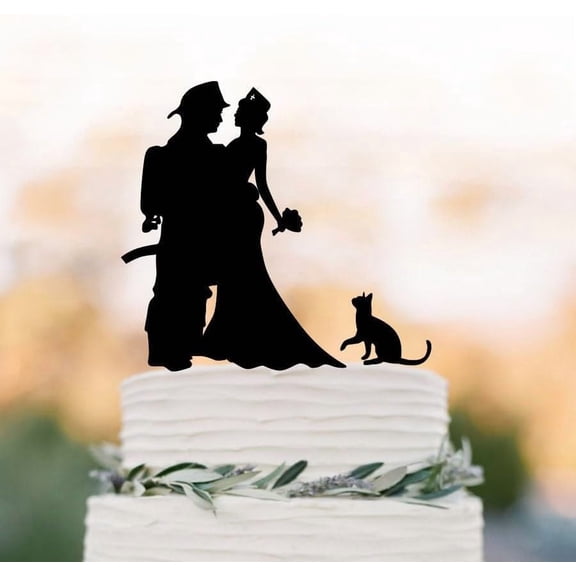 Acrylic Cake Toppers, Fireman And Nurse Wedding Cake Topper With Cat, Firefighter Cake Toppers