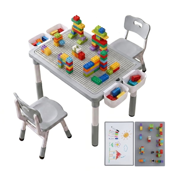 LAZY BUDDY Kids Table and Chairs Set with Storage Boxes, Height Adjustable Toddler Activity Table and 2 Chairs Set with Graffiti & Building Blocks Double-Sided Tabletop