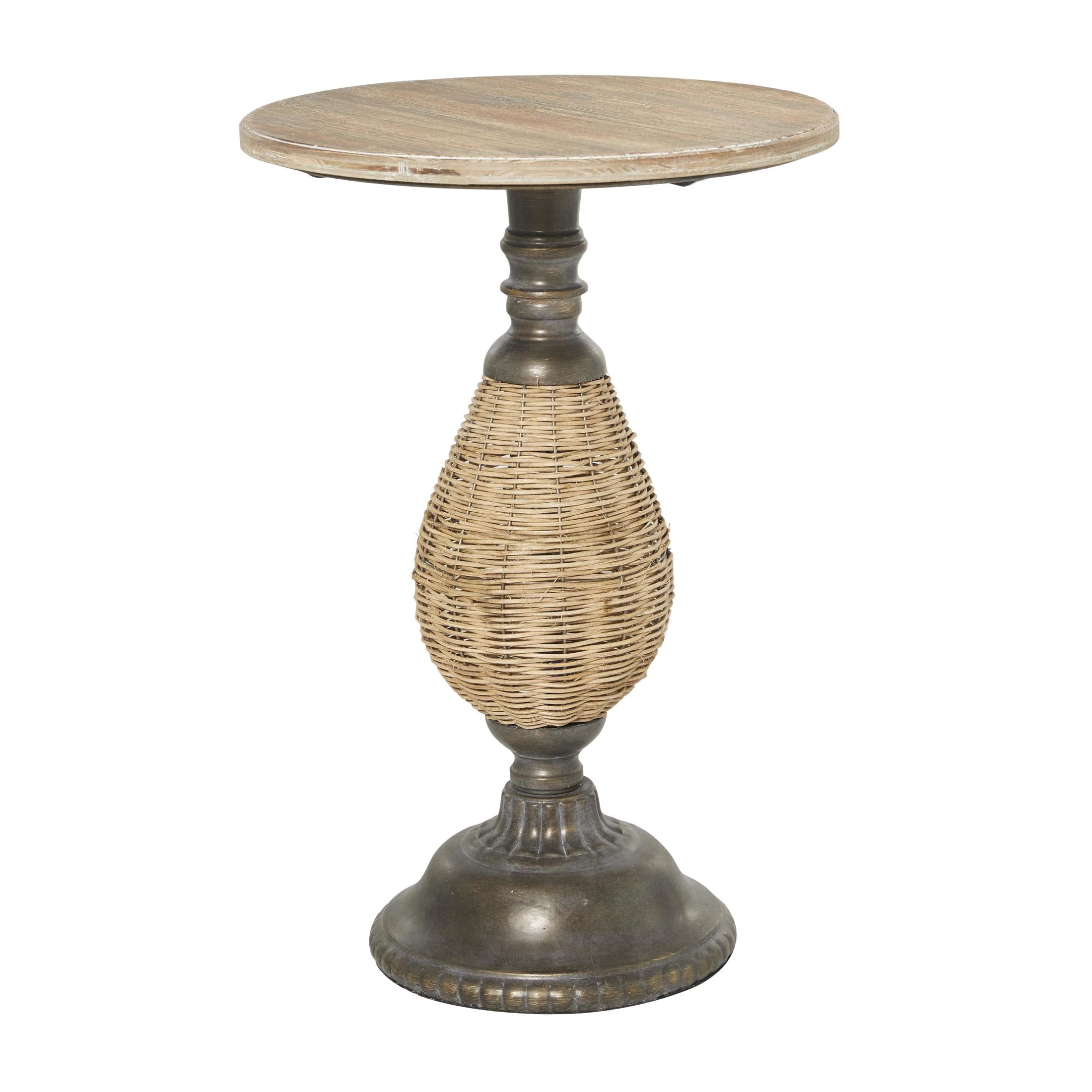 DecMode 15" x 22" Brown Wood Accent Table with Black Metal and Rattan Base, 1-Piece