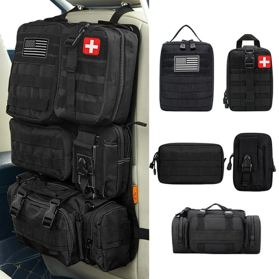 FANOTEK Universal Tactical Car Seat Back Organizer Bag, Vehicle Organizers Panel with 5 Detachable Molle Pouches Pocket for Most Car SUV Sedan Truck Jeep Black