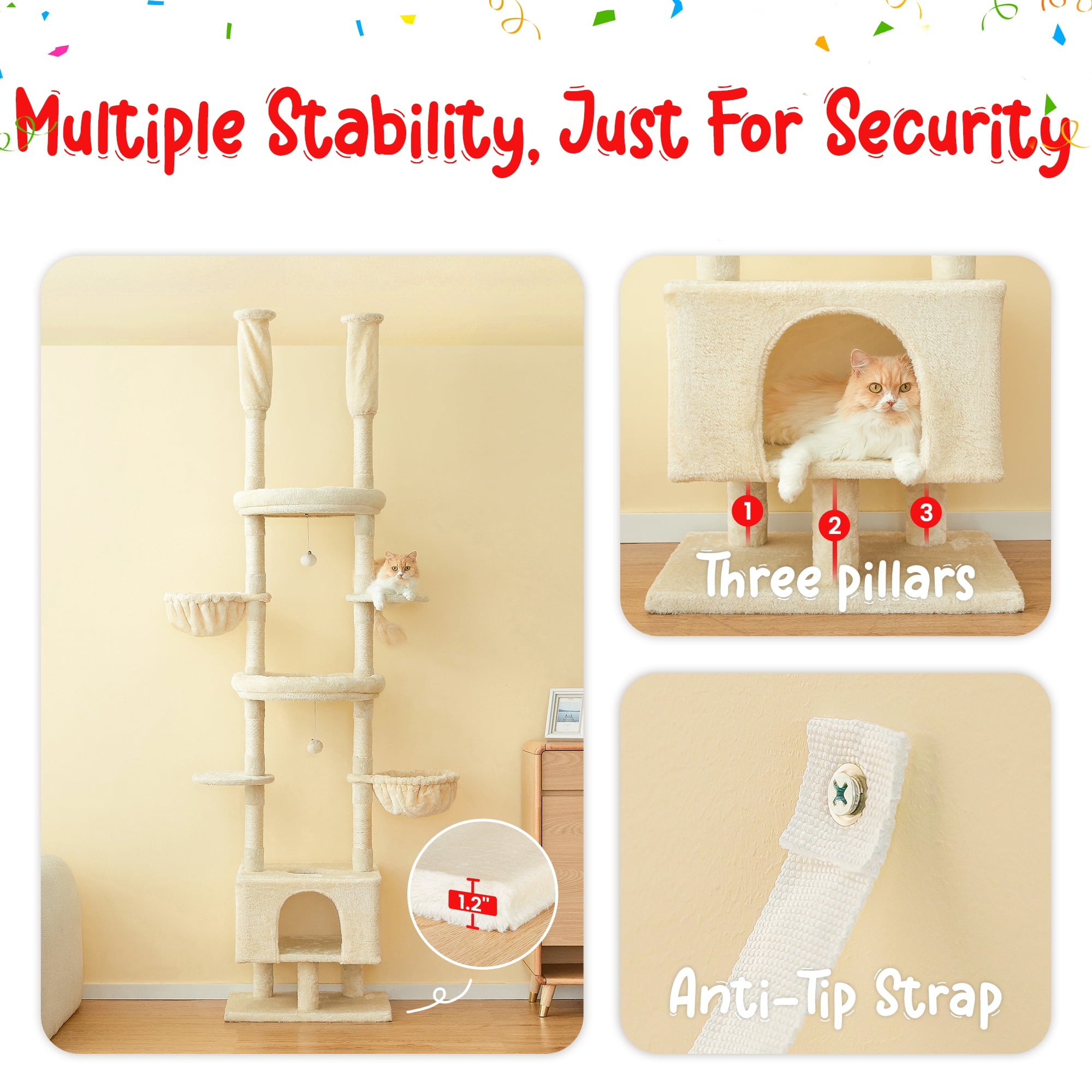 Furcato Cat Tree, Floor to Ceiling Cat Tower Adjustable Height [92.9-102.4 in=235-258cm], 7 Tiers Cat Climbing Play House, Beige