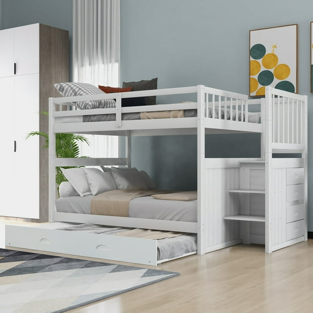 CLEARANCE! Full over Full Bunk Bed with Twin Size Trundle,White
