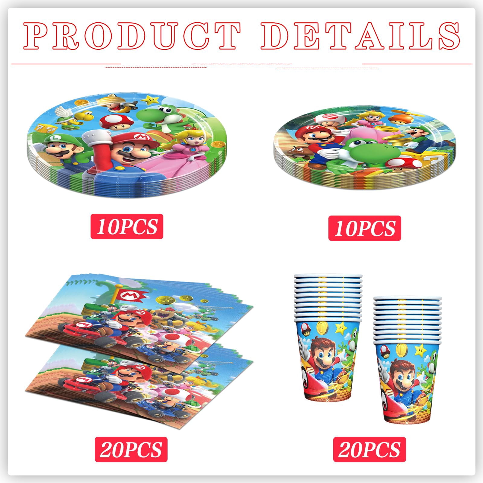 60 PCS Mario Tableware Sets, Birthday Party Supplies Paper Plates and Napkins Set Includes 20 PCS Plates, 20 PCS Napkins and 20 Paper Cups for Mario Party Decorations