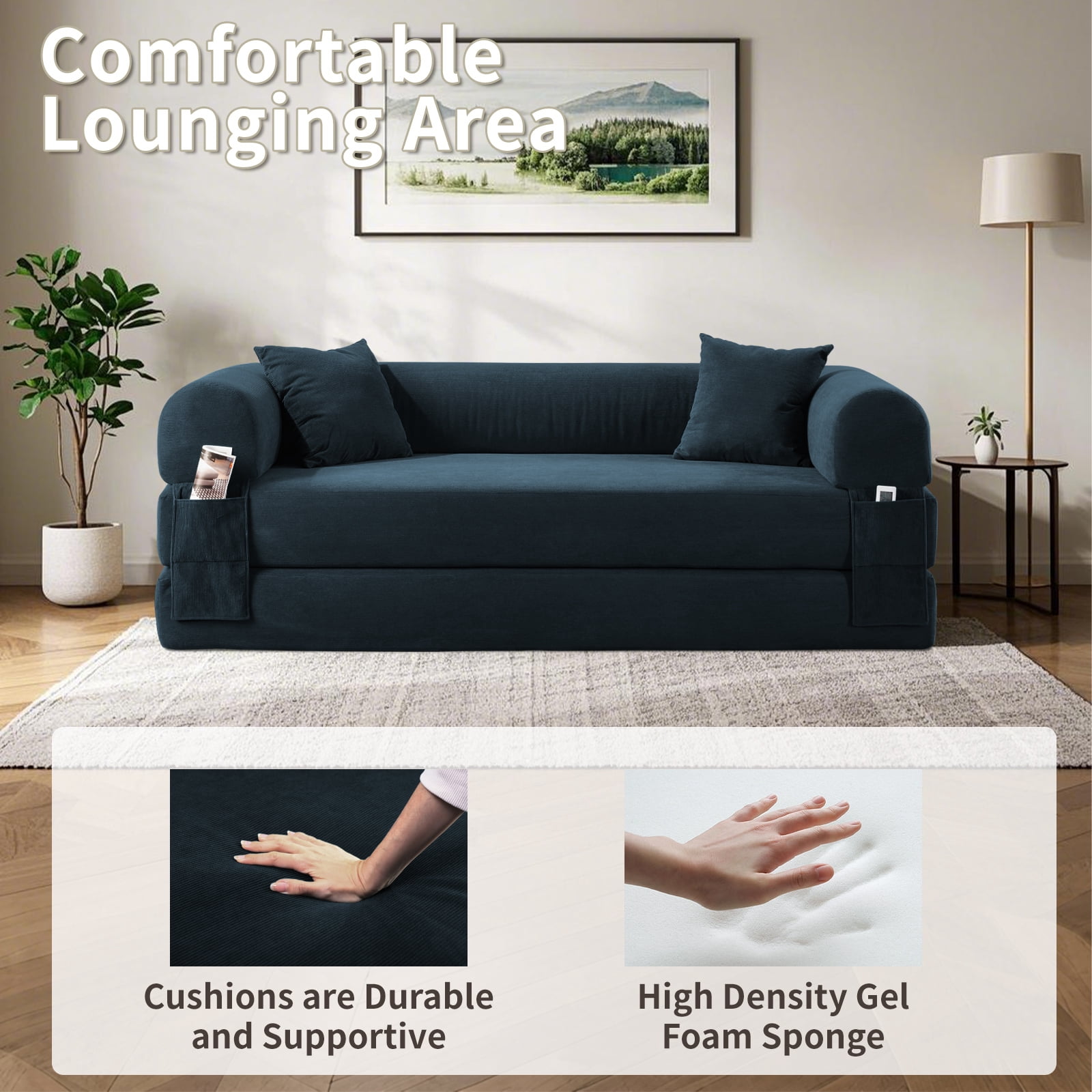 3 in 1 Convertible Sofa Bed, 80" Corduroy Folding Pull Out Couch with 2 Pillows, Floor Sofa with Side Storage for Living Room, No Assembly Modern Boneless Couch Compression Sofa, 35.4"W