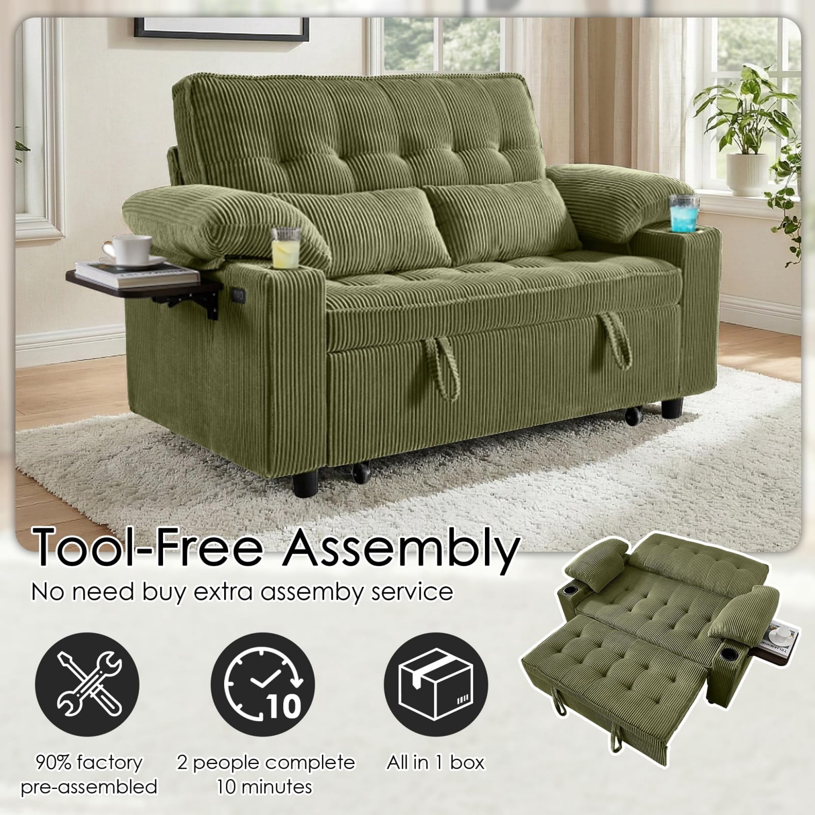 58" Sleeper Sofa Bed, Convertible Pull Out Couch Full Size Loveseat with Corduroy Fabric, USB Charging, Adjustable Backrest for Living Room Apartment Office, Green