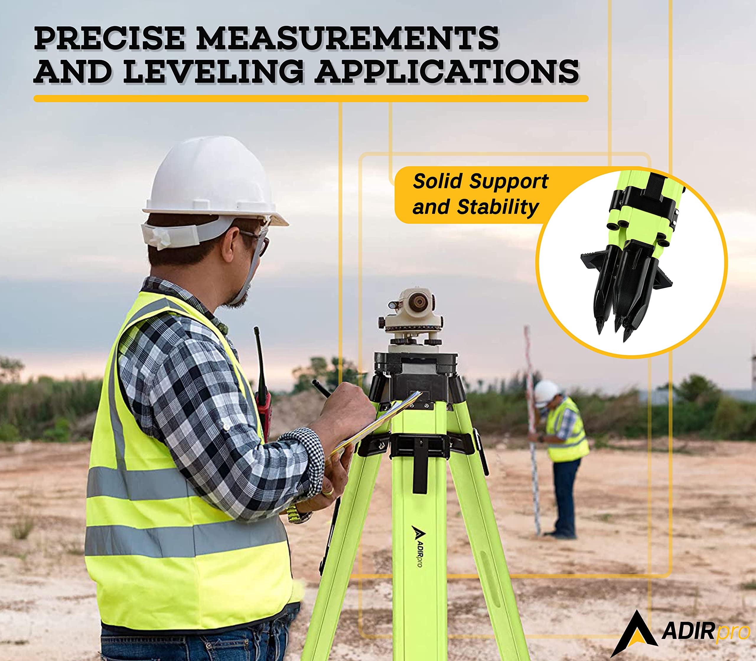 AdirPro Universal Survey Tripod – Laser Level Tripod – Transit Level Tripod - Quick Clamp - Heavy Duty Contractor Tripod 5/8” x 11” Thread (Green Aluminum)