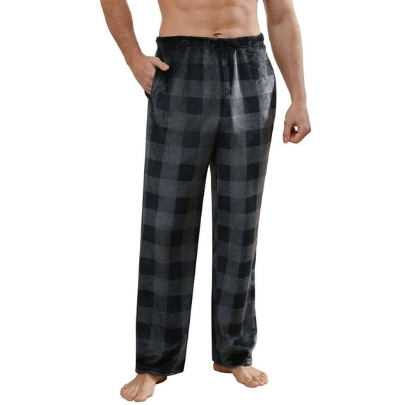 Vulcanodon Mens Flannel Pajama Pants, Soft Plaid Sleep Fleece Lounge Bottoms with Pockets(Buffalo Plaid-grey, L)