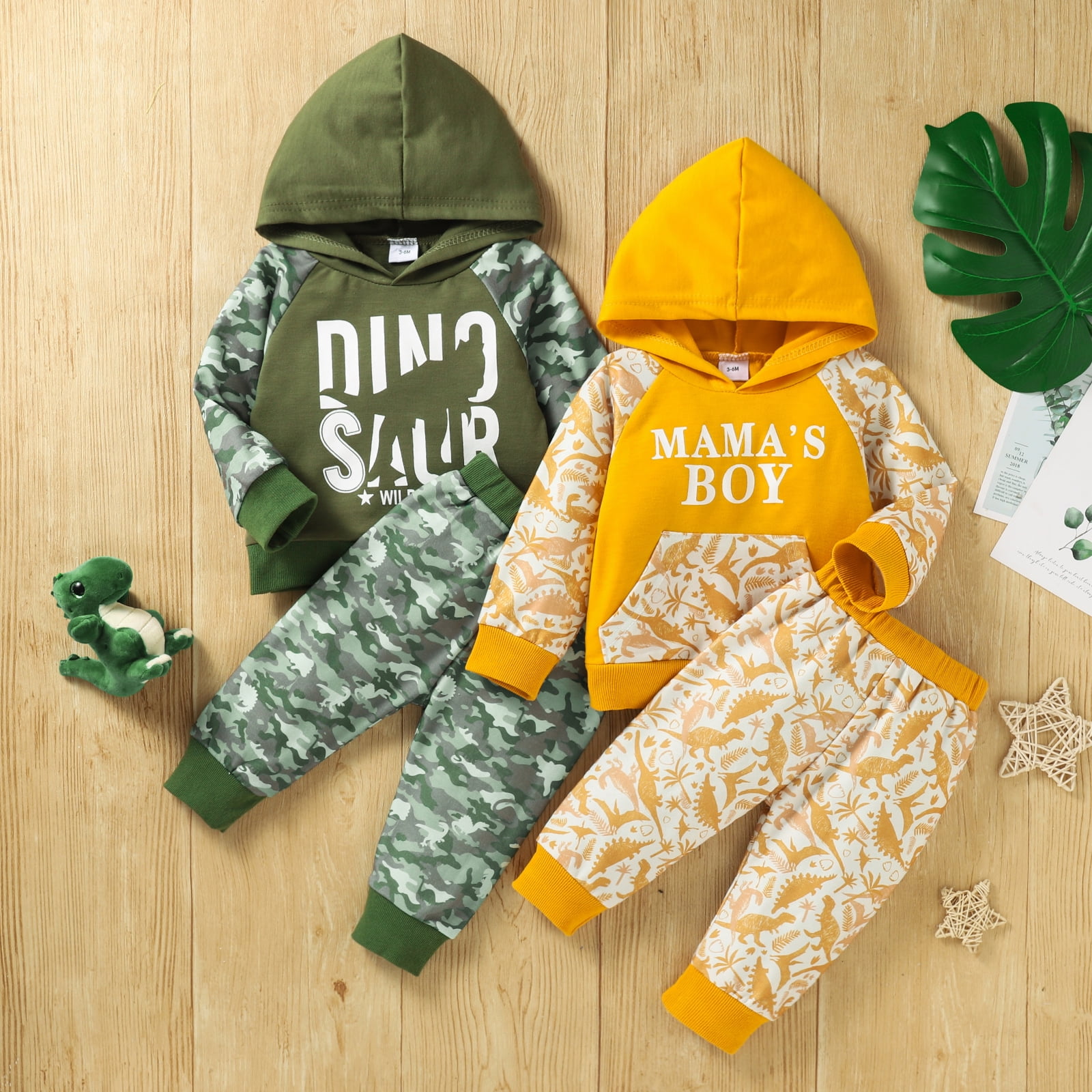 2-piece Baby / Toddler Dinosaur Letter Long-sleeve Hooded Pullover and Pants Set