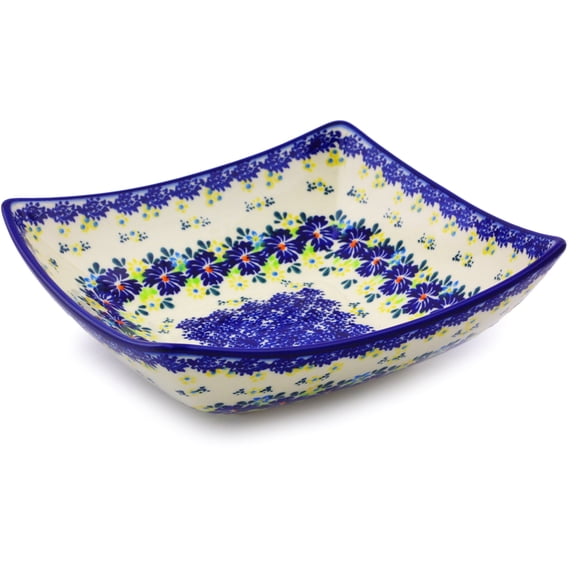 Polish Pottery 7¾-inch Square Bowl (Spring Meadow Theme) Hand Painted in Boleslawiec, Poland   Certificate of Authenticity