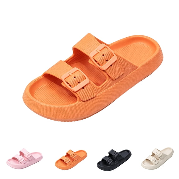 UDAUDU Womens Mens House Slippers Shower Sandals Comfortable Soft Beach Sole Thick Foam Double Buckle Adjustable Outdoor Shoe Orange 5.5 Wide