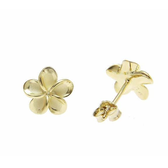 925 sterling silver yellow gold plated Hawaiian plumeria flower no cz stone post stud earrings 10mm