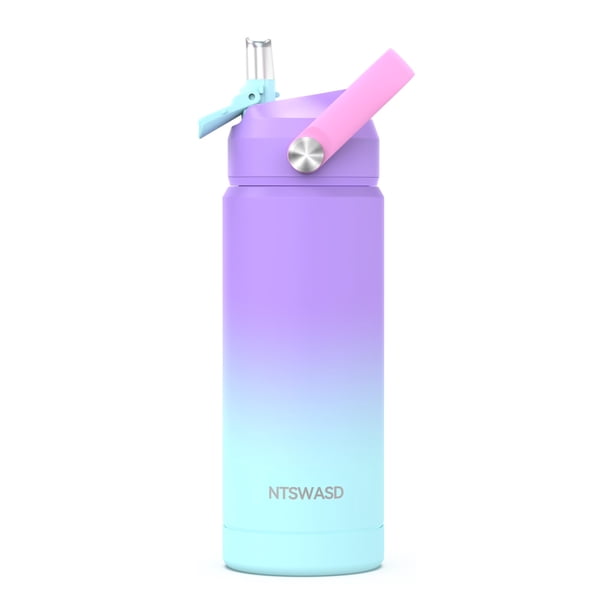 Ntswasd Botella De Agua Para Niños Con Pajita, Vasos Aislados Para Niños De 18 Oz Con Acero Inoxidable A Prueba De Fugas Para La Escuela, Niños, Niñas, Deportes Y Viajes (Púrpura)