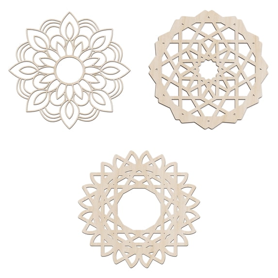 Mandala Wooden Wall Art Set of 3, Peaceful Motif Petal Scrolling Botany, Birch Wood Plywood Rustic Wall Art Accent for Hallway Bedroom Living Room and Offices, 11,4" X 11,4" X 0.1", by Ambesonne