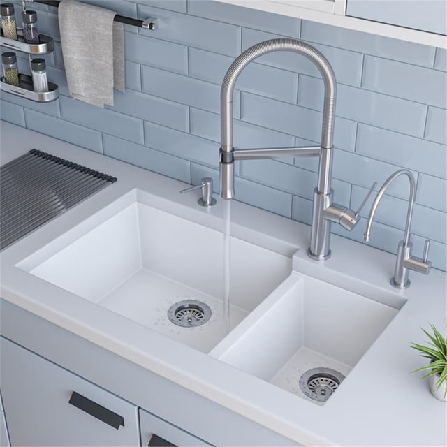 Pemberly Row White 34" Double Bowl Undermount Granite Composite Kitchen Sink