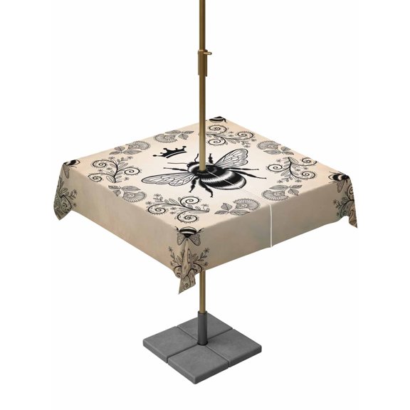 Outdoor Tablecloth with Umbrella Hole for Patio/Picnic/Party/Camping, Vintage Bees Crowns Waterproof Table Cloth Square Cover Washable, Rustic Leaves Rings Brown Gradient (60"x 60")