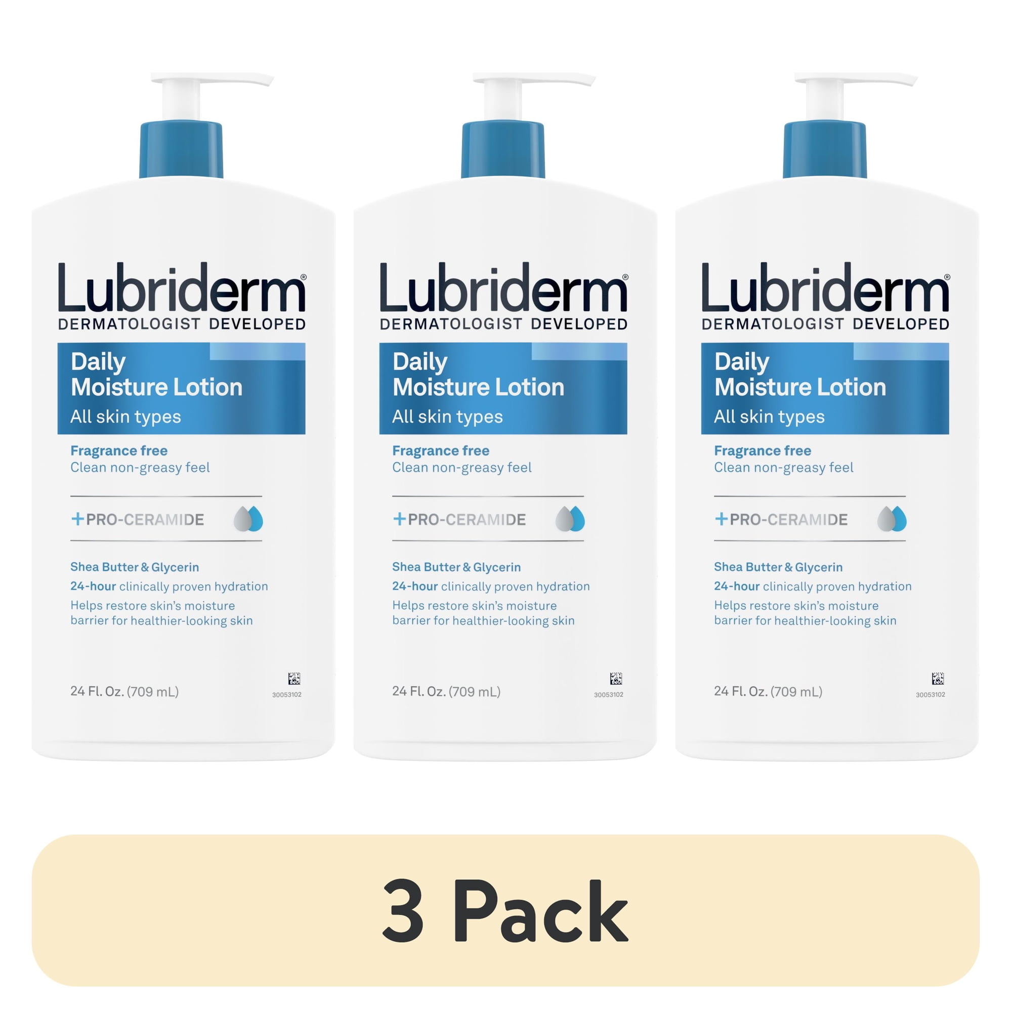 (3 pack) Lubriderm Daily Moisture Body Lotion + Pro-Ceramide, Fragrance Free, 24 Fl oz