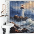 thumbnail image 4 of Lighthouse Sunrise Coast Scenery Pale Blue Tan Shower Curtain Fabric Bathroom Decor with Hooks, 4 of 8