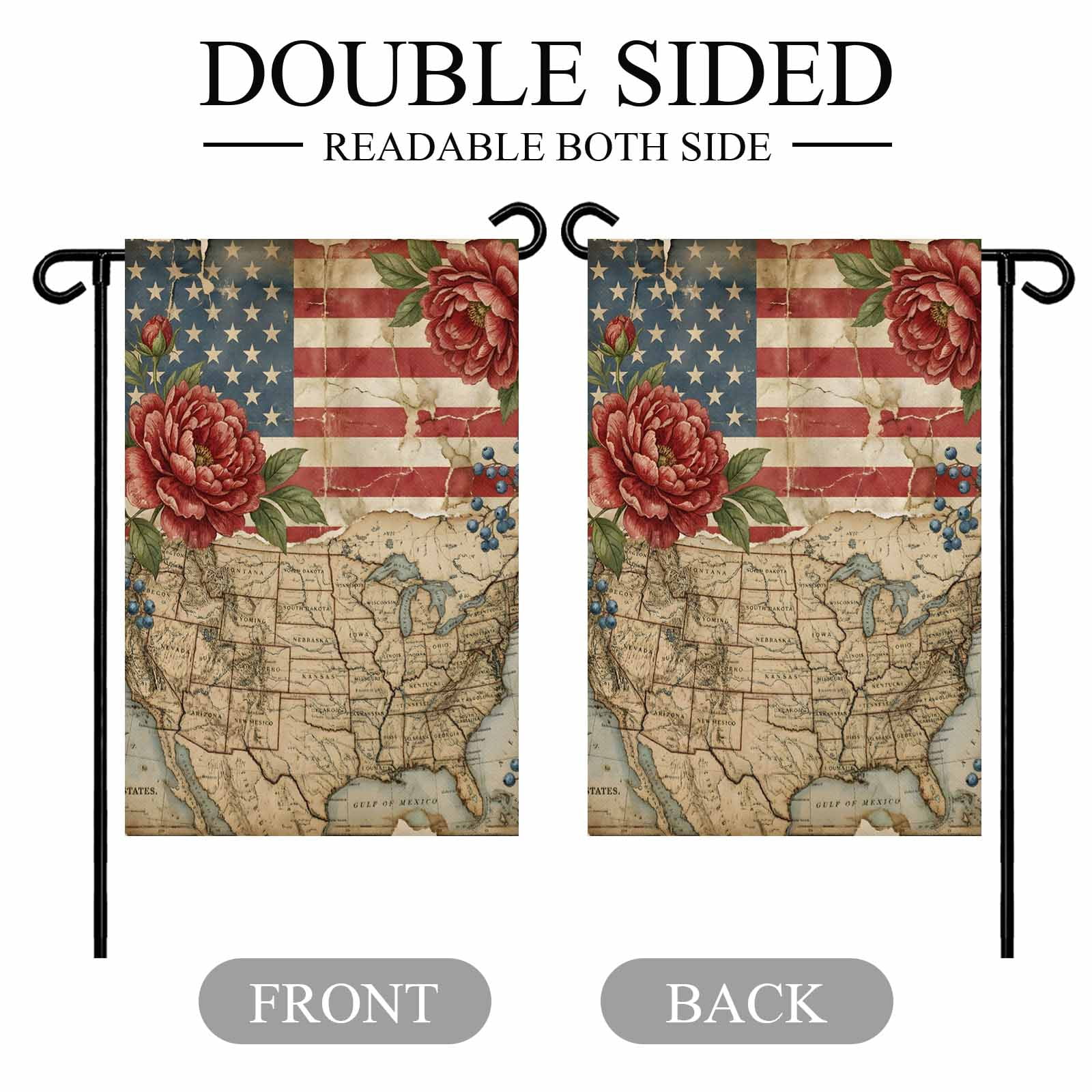 4th of July Garden Flags Retro American Flag Garden Flag Double Sided Welcome Flag Cottagecore Usa Map Red Peony Independence Day Yard Flags for Outdoor Lawn Porch Memorial Day Decor 28x40 Inch