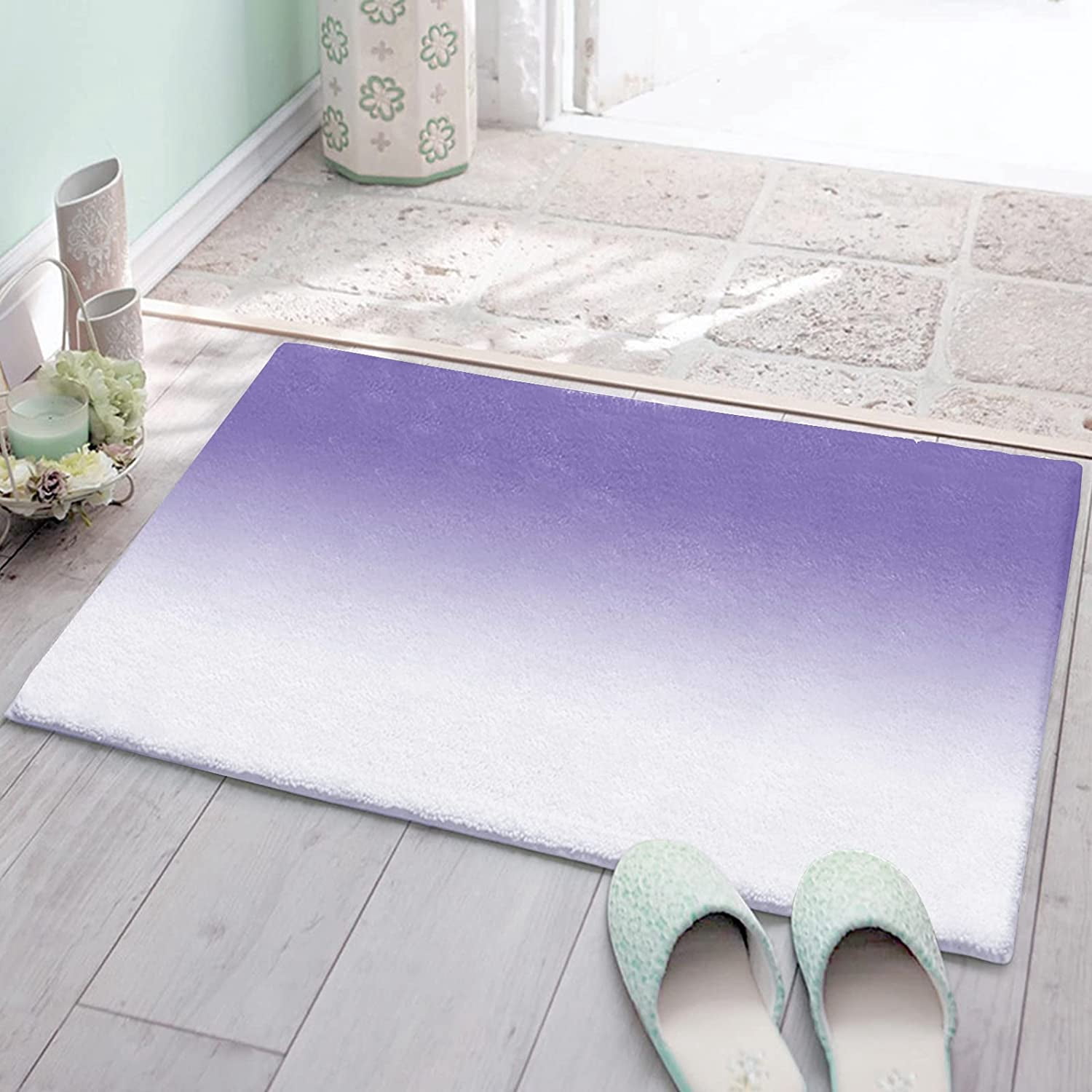 Bathroom Rug, Romantic Ombre Purple White Gradient Lavender Bath Mat Non-Slip Water Absorbent Microfiber Soft Plush Shaggy Bath Rugs for Shower, Bedroom, Bathtubs 18" x 30"