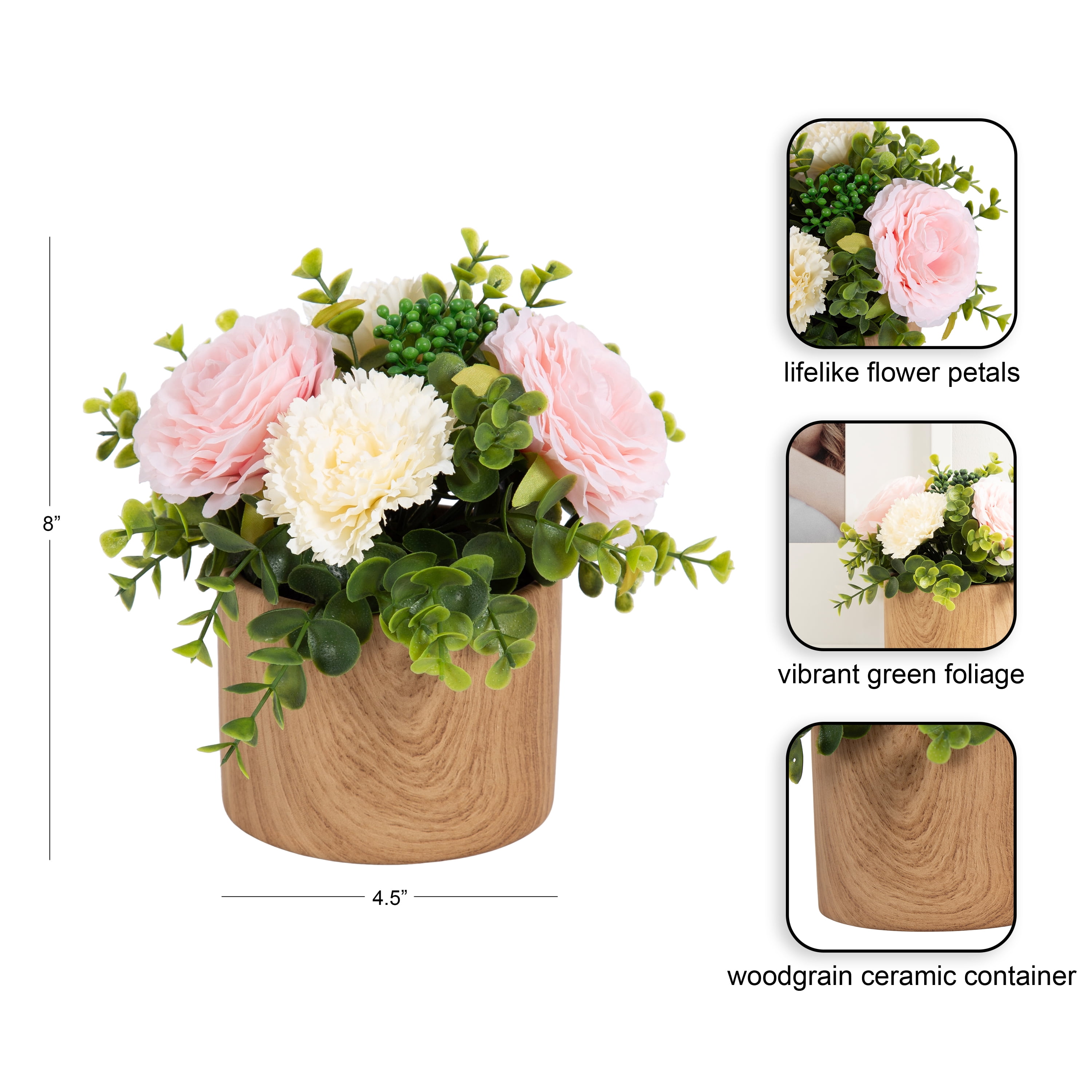 (2 pack) Better Homes & Gardens 4.5” Artificial Floral in Wood Grain Ceramic Container