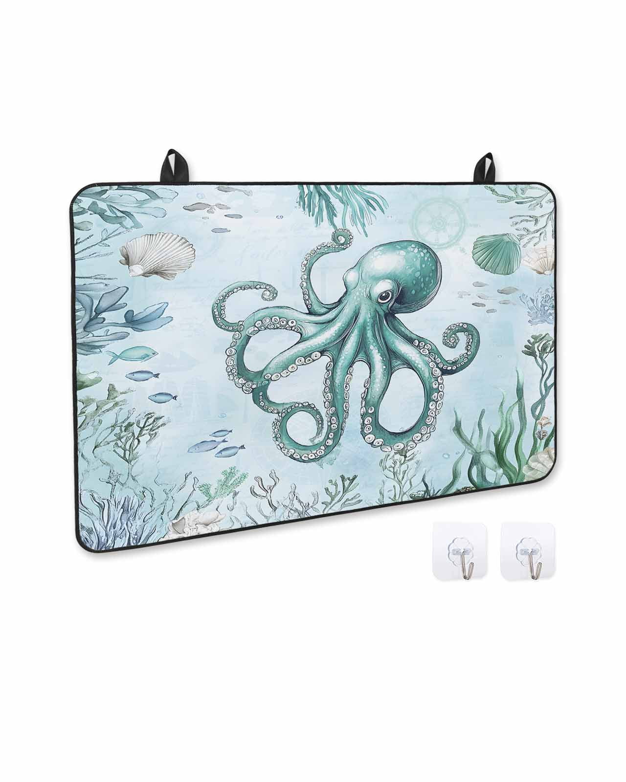 nqOlkjepod Large Induction Cooktop Protector Mat 36"x21", Coastal Octopus Stove Top Covers for Electric Stove, Cyan Nautical Fish Shells Seaweeds Stove Burner Cover Mats, Glass Top Stove Cover
