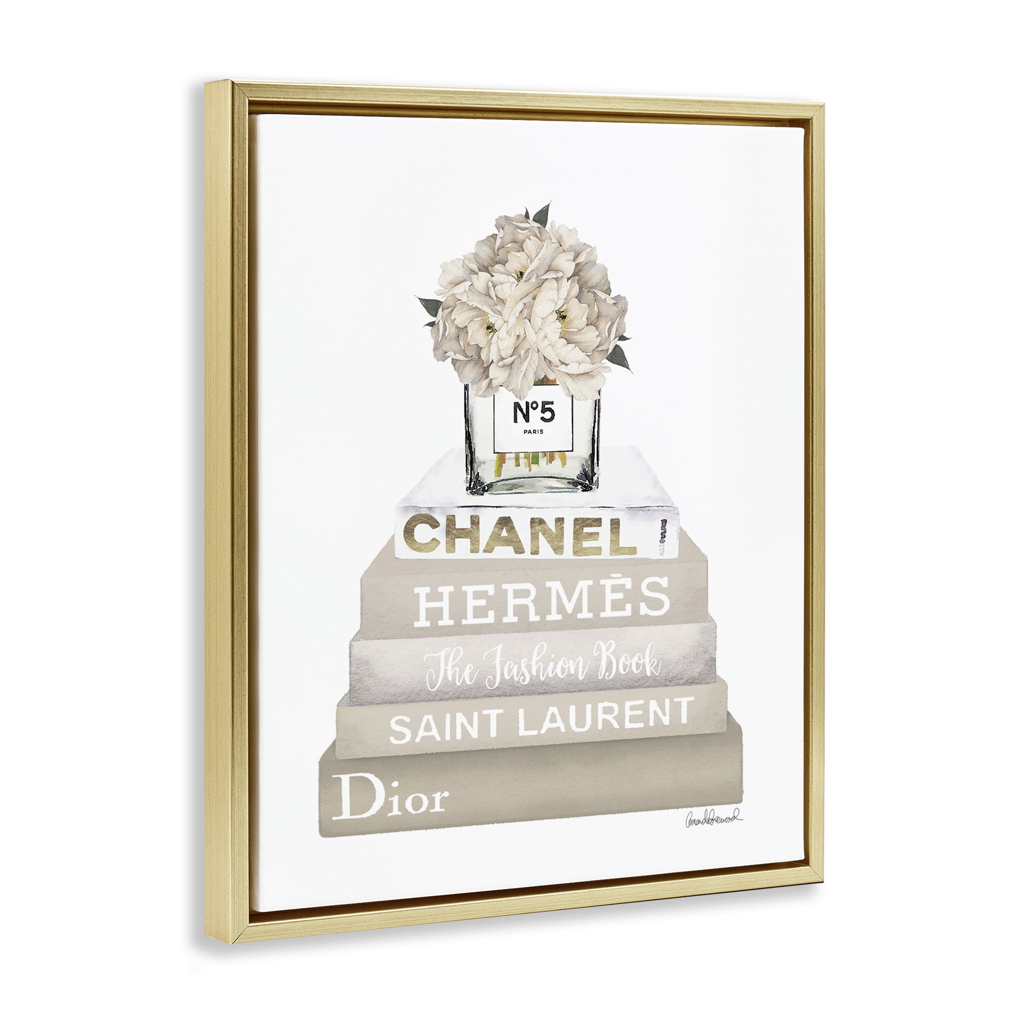 Stupell Industries Neutral Glam Bookstack Fashion Painting Gold Floater Framed Canvas Art Print Wall Art, 25 x 31