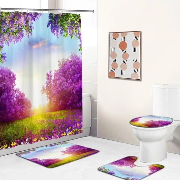 3D Purple lavender Pastoral Scenery Printing Shower Curtain Bathroom Curtains Set Bath Mat Rug Carpet cortina de ducha