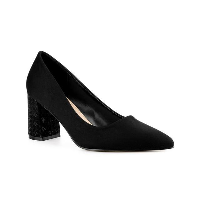 BLISSFUL STEP Chaussures pour Femmes Bout Pointu à Enfiler Escarpins à Talon Bloc en Faux Suède Noir 7