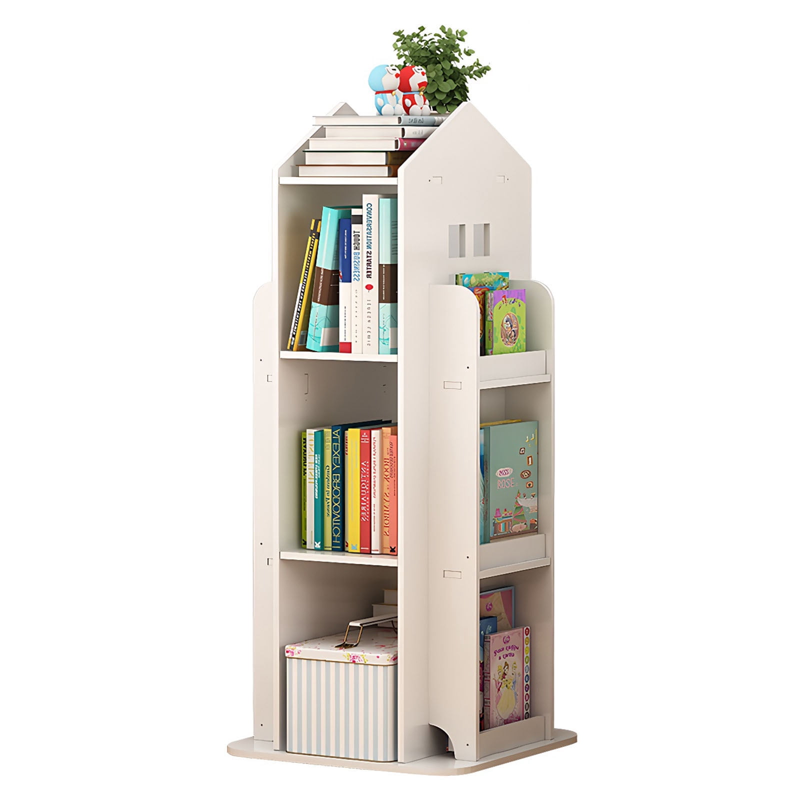 4-Tier Rotating Bookshelf, 360 Degree Display Book Shelf for Bedroom Living Room Study Room, Floor Standing Bookcase for Kids, PVC Wood-Plastic Board, White