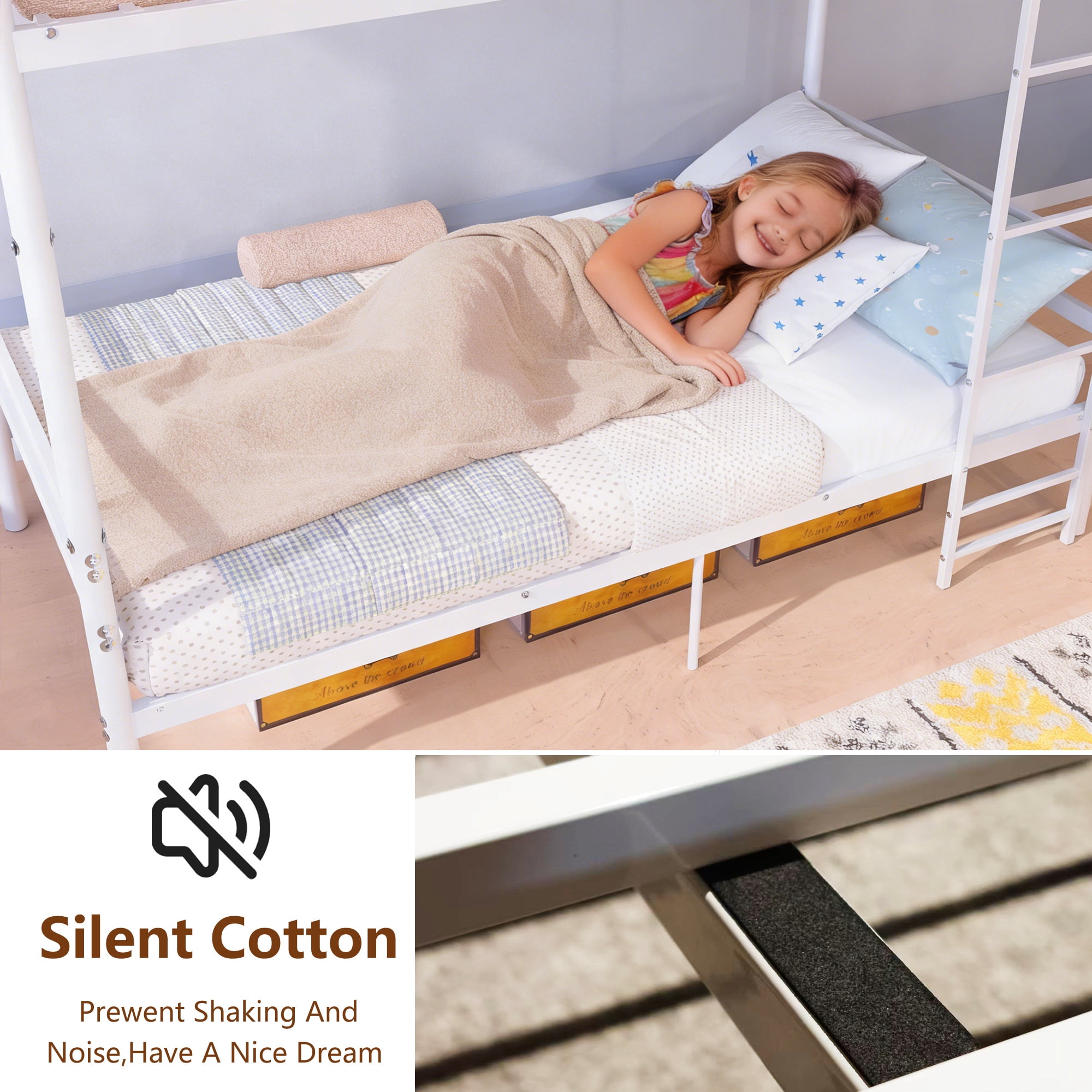 Leumius Bunk Bed Twin Over Twin for Boys Girls,Metal Twin Size Bed Frame with 13.7 Inch High Safety Guardrail & Sturdy Ladder,Converts to 2 Beds,White