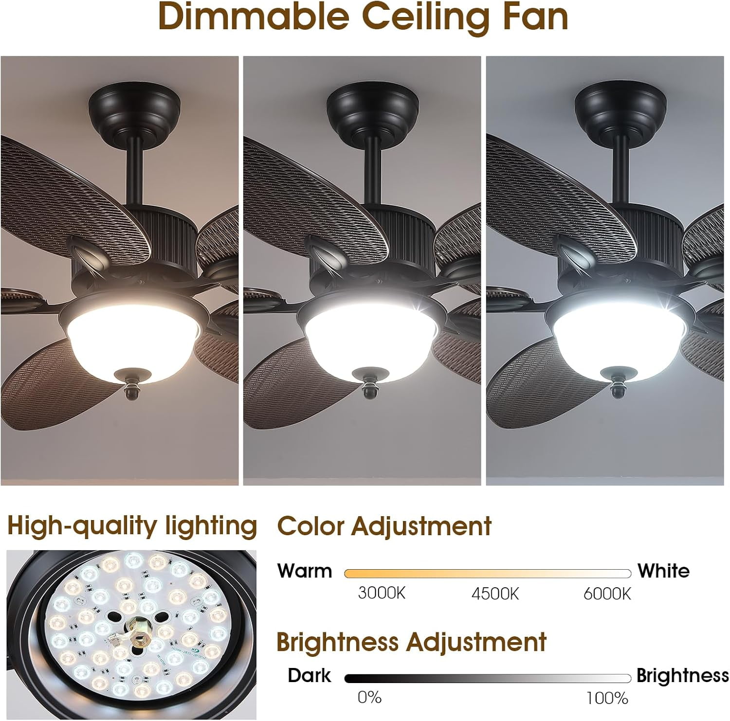 PHORUS 50" Tropical Ceiling Fan with Light and Remote/APP, Outdoor Waterproof Palm Leaf Ceiling Fan, 6 Speeds Quiet DC Motor, Wet Rated for Patio, Porch, Dark Brown