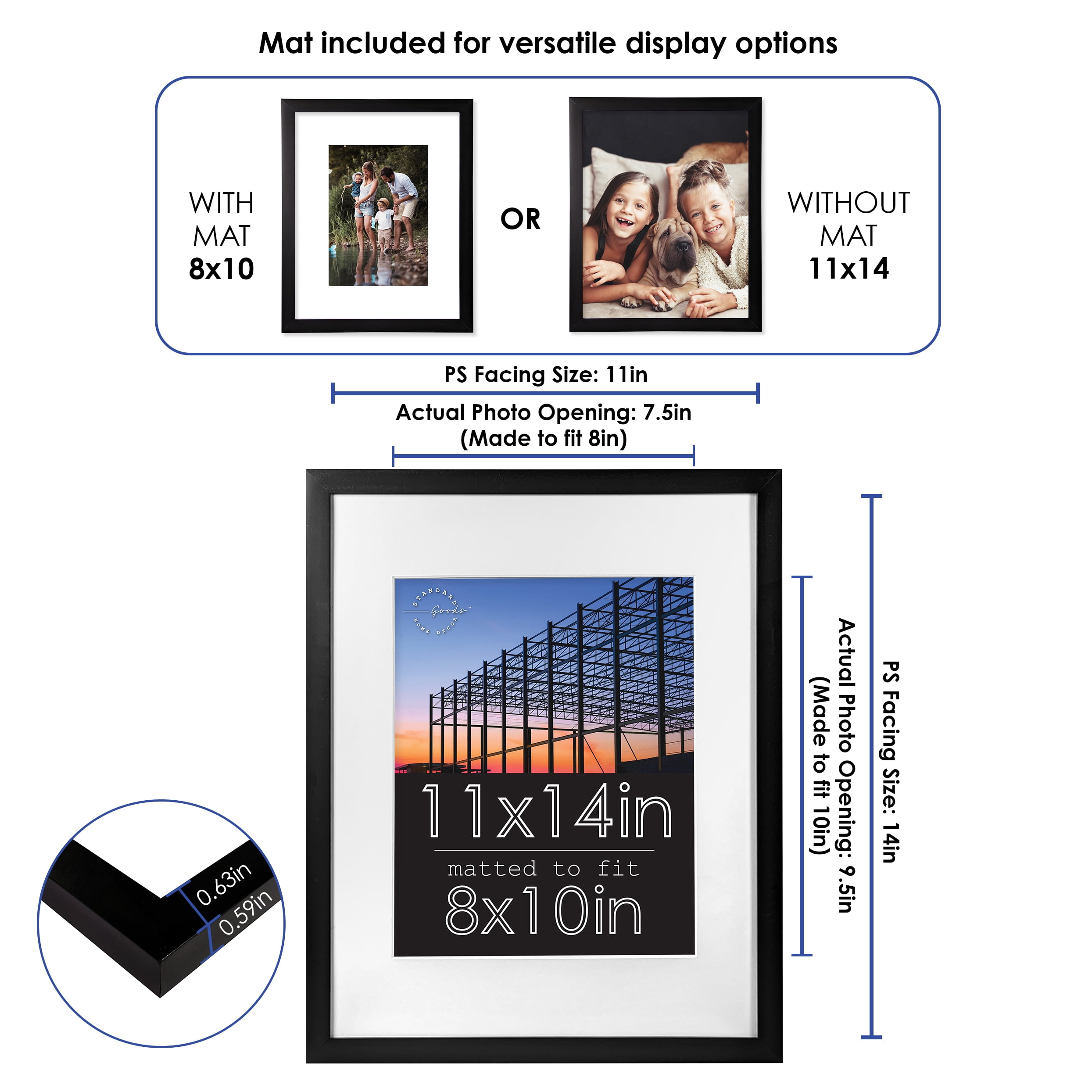 Standard Goods Home Décor 11x14 Matted to 8x10 Black Linear Picture Frame, 5-Pack for Wall Display.